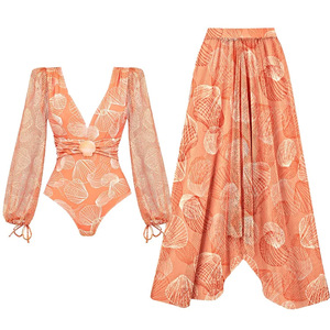 <b>Women</b> Seashell Print 2 Piece <b>Swimsuit</b> Set Deep V Mesh Puff Long Sleeve One Piece Monokini <b>With</b> Mesh Maxi Cover Up <b>Skirt</b> OEM ODM - Product Image 5