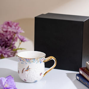 Colorful Floral Ceramic <b>Mug</b> with Embossed Design - <b>Gold</b> Rim Pastoral Coffee Milk Cup - Product Image 5