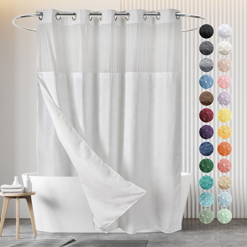 Luxury Waterproof Hookless Hotel Bathroom Curtain White Waffle Weave Fabric No Hooks Shower Curtains Extra Wide With Snap Liner