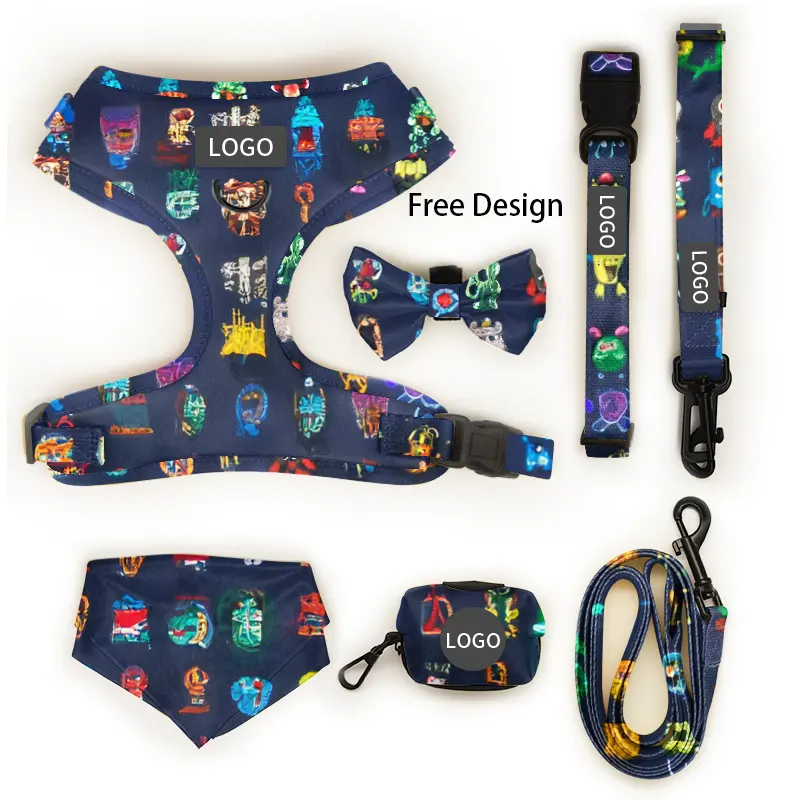 Custom Logo Pattern High Quality Personalized Pet Harness Sets Collar and Leash Waterproof Dog Harness Set