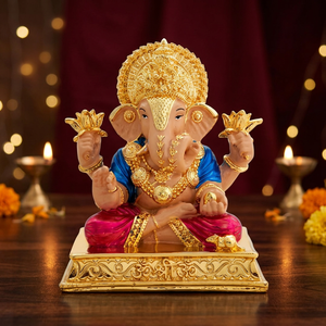 Ídolo de Ganesha de acero inoxidable hecho a mano de 5 pulgadas con corona chapada en oro y detalles de loto para decoración de bodas, salas de púja y Diwali. - Product Image 1