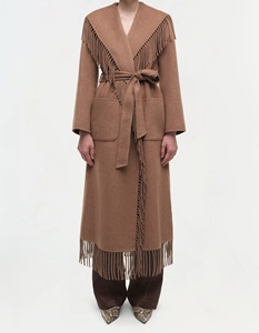 Cappotto Lungo da <span class=keywords><strong>Donna</strong></span> in Stile Bohémien con Collo a Scialle, Cintura e Orlo Frangiato, Design alla Moda - Product Image 1