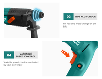 Marteau perforateur rotatif RH610 610W 2.3J SDS Plus 2 modes, vitesse variable, perçage du béton 20 mm, marteau à percussion électrique avec coffret à outils