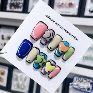 Handdrawn Comic Style Handmade Long Coffin False Nails Glitter Acrylic Rhinestone Press On Nails Reusable Fake Nail With Glue