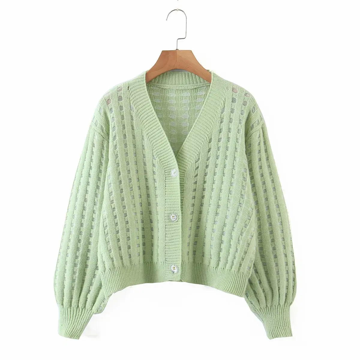 The most trendy new fashion custom factory direct sales V-neck knitted sweater green women's sweater women's cardigan