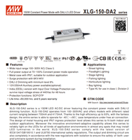 Alimentations LED Meanwell Série XLG-150 Étanche IP67 150W Configurables AC-DC Boîtier Aluminium Garantie 5 Ans