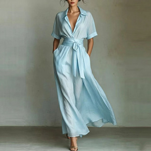 2026 New French Vacation Style V-Neck Elegant Retro Casual Solid Color <b>Waist</b> Slimming <b>Dress</b> - Product Image 4