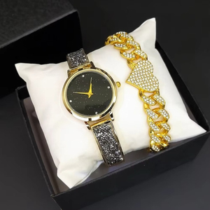 Women <b>Watch</b> and Two Bracelets Set Quartz Alloy Round Dial Rhinestone Inlaid Cuban Link Luxury Style - Product Image 6