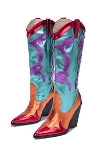 SHIKOL sepatu bot kulit metalik untuk wanita, sepatu bot Barat lutut merah muda hijau oranye, sepatu bot tinggi lutut pesta luar ruangan Mardi Gras - Product Image 3