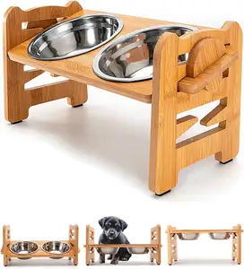 狗碗可调，防滑支架喂食器，适用于中小型狗所有猫，耐用的竹制猫碗，带2个污渍