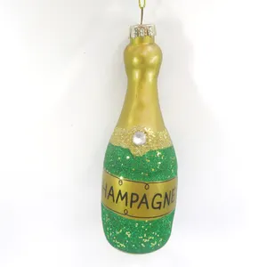 Özel Glittered şampanya noel süsleri cam pembe toptan şarap temalı noel ağacı süsleri satılık