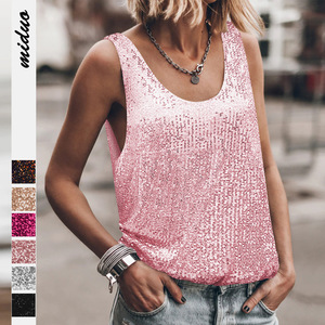 Women's Casual Summer Tank <strong>Top</strong> with U-Neck and <strong>Backless</strong> <strong>Sequin</strong> Design Versatile New Fashion Sleeveless <strong>Top</strong> with Front Logo - Product Image 1