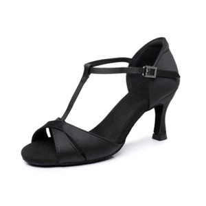 Zapatos de Baile Latino de Satén para Mujer, Punta Abierta, Correa en T, Hebilla con Pedrería, Tacón Ancho, Multicolor, para Salsa y Baile de Salón - Product Image 4