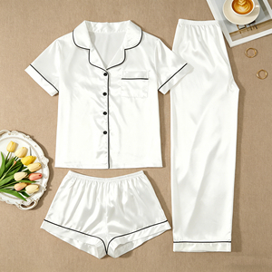 High-Quality Solid Color Women's Three-Piece Pajama Set Summer Spring And Autumn Casual Satin Loungewear With Elastic Waistband