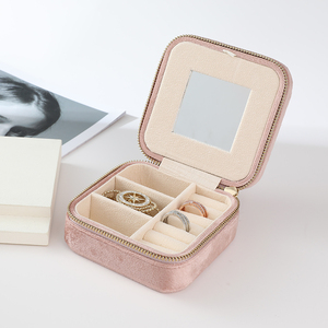 Boîte à bijoux portable de forme carrée, élégante, avec logo personnalisé, fermeture éclair, boîte de rangement pour bijoux en velours, avec miroir - Product Image 6