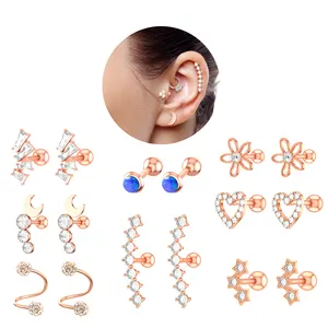 10ピース/セットStar Heart Flower Moon Bar Cartilage Piercing Stud Helix Jewelry Tragus Conch Rook Earlobe Screw Statement Earrings