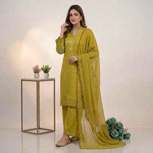 Ensemble Salwar Kameez brodé jaune, robe traditionnelle indienne pakistanaise pour femmes avec dupatta pour fête et mariage - Product Image 2