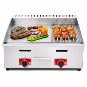 Gril à gaz GPL commercial GH-722, 730 mm, surface plate et striée en acier inoxydable, avec deux boutons de commande et tiroir à huile - Product Image 1