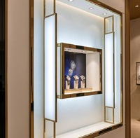 Support mural élégant et moderne pour montres, niche en métal doré et verre pour la vente de montres et de bijoux