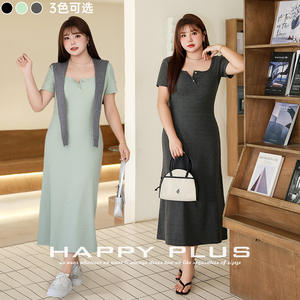 รันฉีชุดเดรสยาวคอเหลี่ยมสำหรับผู้หญิงไซส์ใหญ่ เอวธรรมชาติ สีพื้น สไตล์เรียบหรู N8912 - Product Image 3