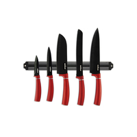 Excelsa 6-delige messenset van roestvrij staal, ambidexter, met kunststof handgrepen, gecoate messen met rechte snede, rood/zwart, magnetische houder