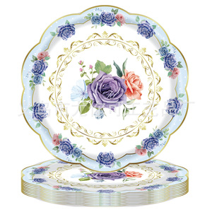 Assiettes en papier jetables à thème floral, design classique rond, pour les occasions de goûter, série rose, jaune, bleu - Product Image 2