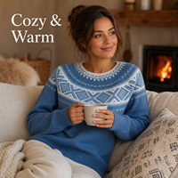 Pull ras du cou jacquard Fair Isle bleu nordique pour femme, coupe décontractée, tricoté avec bordure côtelée, OEM/ODM