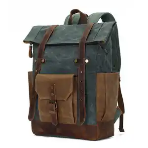 Wholesale Men Vintage Custom Logo Rucksack Waxed Backpacks Leather Canvas Backpack Bag