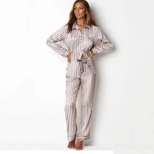 2023 OEM ropa de dormir de seda satinada para mujer Cierre de cintura elástica manga larga a rayas conjunto de dos piezas verano primavera trajes de noche ODM - Product Image 6