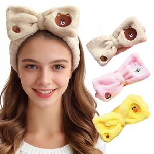 Bandeau de Douche Élastique Brodé Personnalisé Animaux Mignons Dessin Animé en Polaire Flanelle avec Nœud, Bandeau Masque Soin des Cheveux <span class=keywords><strong>Spa</strong></span> - Product Image 1