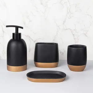 Distributeur de savon noir effet marbre, ensemble d'accessoires de salle de bain en polyrésine, hôtel maison 4 pièces