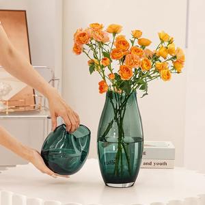 Vase en verre bleu haut de gamme pour salon, grand vase transparent pour fleurs séchées, vase à eau, luxe léger, vase pour plantes vertes en bois de cheval ivre - Product Image 2