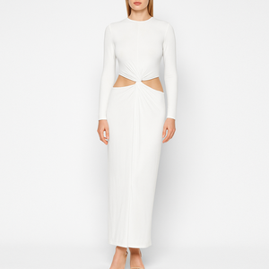 Vente en gros personnalisée <span class=keywords><strong>Robe</strong></span> <span class=keywords><strong>longue</strong></span> <span class=keywords><strong>blanche</strong></span> élégante de haute qualité pour femmes moulantes à manches longues et découpées - Product Image 1