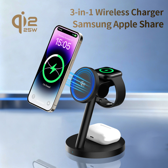Qi2 25W 3 in 1 Wireless Charging Station for iPhone Samsung Fast Magnetic Wireless Charger Stand