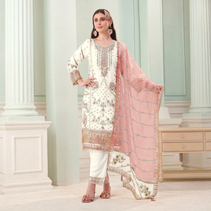 Dhwaja Export <b>White</b> Fox Georgette Semi Stitched <b>Suit</b> With Embroidery Sequence Work - Product Image 1