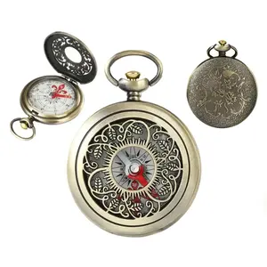 Vintage pocket watch hollowed out clamshell bronze finger needle metal Outdoor cross-country Gift for children gift Compass