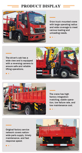 Grue montée sur camion Dongfeng rouge avec flèche jaune et plateau de chargement - Product Image 4