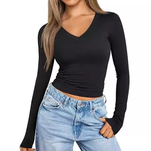 Top de moda de <span class=keywords><strong>manga</strong></span> <span class=keywords><strong>larga</strong></span> para <span class=keywords><strong>mujer</strong></span>, cuello en V, estilo básico, ajustado, recortado, liso, Color caramelo, primavera y verano, <span class=keywords><strong>camiseta</strong></span> para <span class=keywords><strong>mujer</strong></span> - Product Image 4