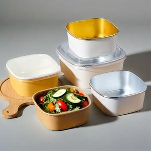Customized Size High Quality Silver Foil <b>Disposable</b> Paper Bowl with <b>Lid</b> Rectangle/Square Lunch Food Packaging for Salad - Product Image 2