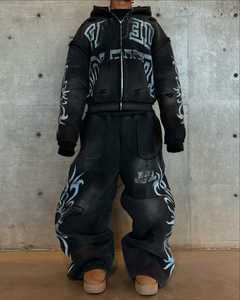 חליפת זיעה שטופת זיעה רוכסן קפוצ 'ון טרנינג להגדיר חומצה הדפס לשטוף סט סווטרי - Product Image 2