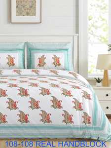 Real Hand Block Printed Leaf Design Bedsheet | 108x108 Inch Jumbo <b>King</b> <b>Size</b> Cotton Bed <b>Sheet</b> Set - Product Image 3
