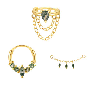 Pendientes de plata maciza con ágata musgosa en forma de pera y marquesa, con cadena colgante, para cartílago, concha, nariz y piercing. Pendientes de tuerca de alta gama. - Product Image 1