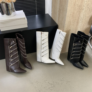 Dropshipping 2024 Phong Cách Mới Dây Kéo Dài Khởi Động Phụ Nữ Thời Trang Nêm Gót Chunky Nền Tảng Xe Máy Khởi Động - Product Image 3