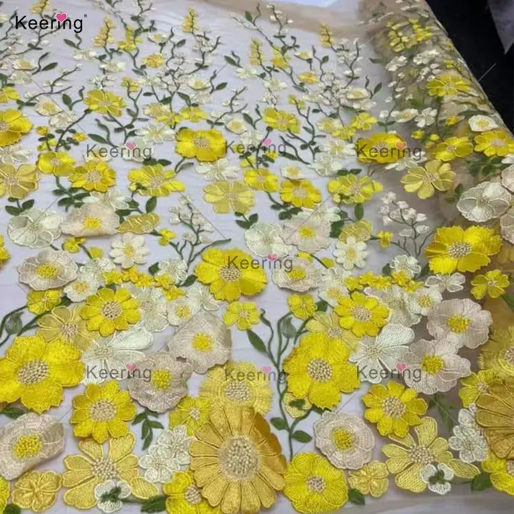 Keering Floral Chiffon 3D Tulle Price Embroidery Fabrics For Clothing Material Dresses