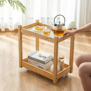 Movable Glass Side Table Bamboo Frame Bedside <b>Storage</b> <b>Cart</b> With Shelf For Bedroom Living Room Modern Minimalist Style - Product Image 5