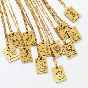 Colgante de astrología cuadrado de acero inoxidable chapado en oro de 18K para mujer, Horóscopo de 12 signos <span class=keywords><strong>del</strong></span> zodiaco, joyería, collar de tarjeta de Tarot - Product Image 1