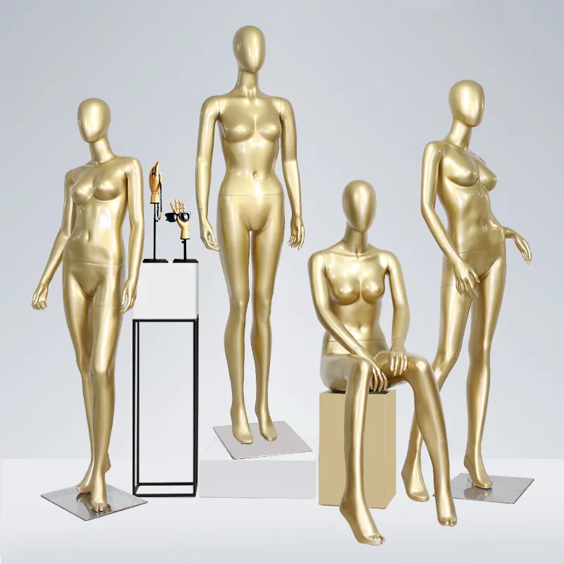 Maniquí de cuerpo entero usado en tienda femenina, maniquíes de color champagne dorado con pantalla europea a la moda