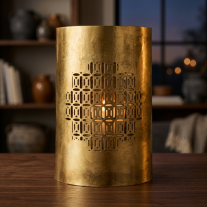 Cylindrical <b>Brass</b> <b>Lantern</b> Tea Light Candle Holder With Geometric Cutout Design For Home Office Party Birthday Decoration - Product Image 2