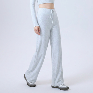 Pantalones de yoga de pierna ancha de cintura alta con cordón para mujer, suaves, transpirables, de tela drapeada, elásticos y holgados, ideales para fitness casual. Venta al por mayor. - Product Image 1