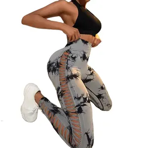 Kustom Logo Tie Dye legging seksi Hollow Gym olahraga wanita Fitness pinggang tinggi Peach Hip cepat kering celana Yoga sejuk